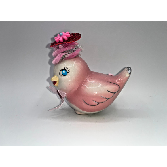 Vintage Pink Ceramic Bird Valentines Day Pink Flower Princess Heart Hat OMG OOAK - Picture 2 of 16